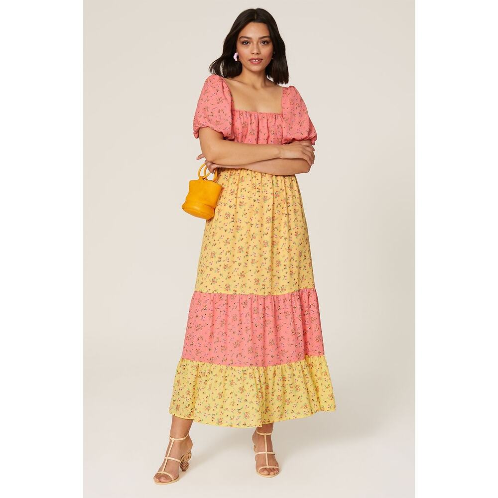 COLOR ME COURTNEY Yellow Pink Ditsy Flower Printed Cece Maxi Dress Size 2